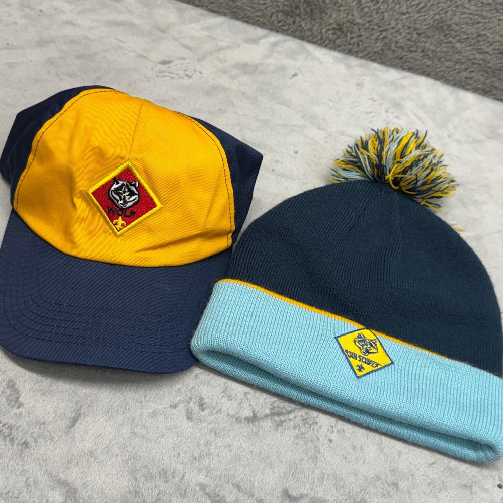 Scouts Wolf Cub Scout Baseball Cap and Beanie Hat Set Kids S M Navy Yellow Blue